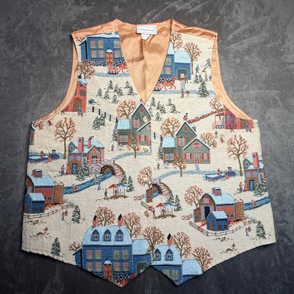 VTG Fitting Image Tapestry Vest 18/20 Tan Winter Village Scene Grannycore USA